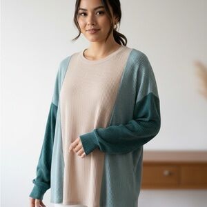 🥳 Women’s L oversize long sleeve ribbed patchwork colorblock shirt